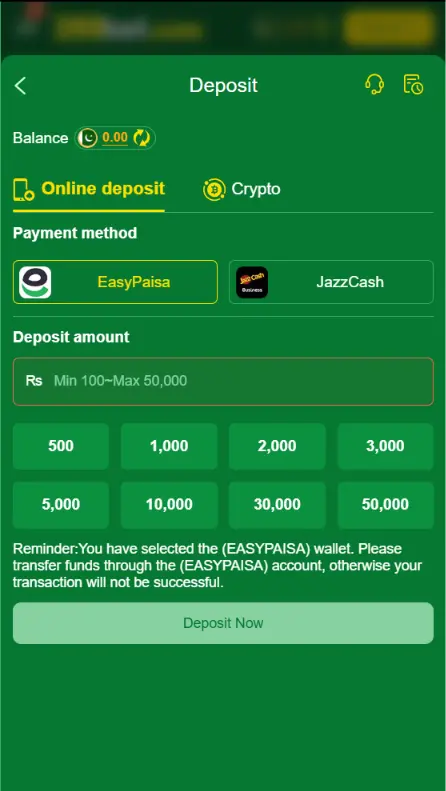 399bet game deposit screen in Pakistan, easypaisa and JazzCash