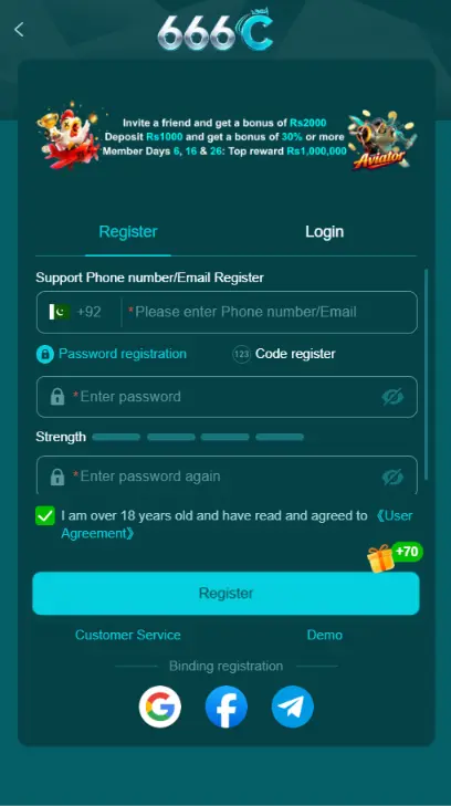 666C game apk registration scrren