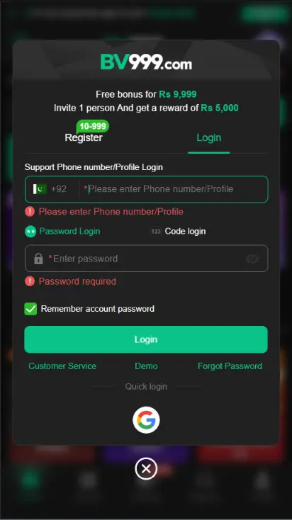 BV999 Game APK account registration screen