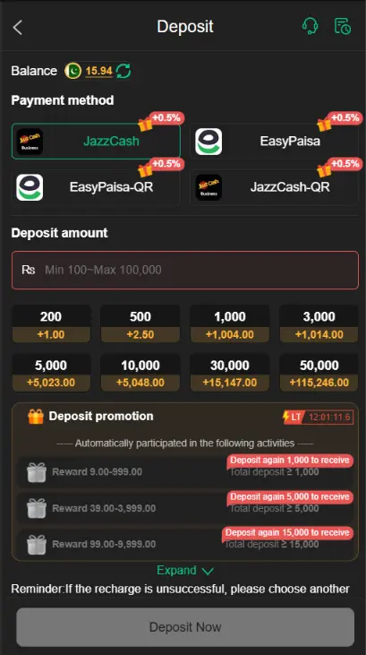 BV999 deposit screen-Easypaisa and JazzCash