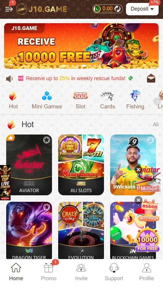 J10 Game Homescreen page