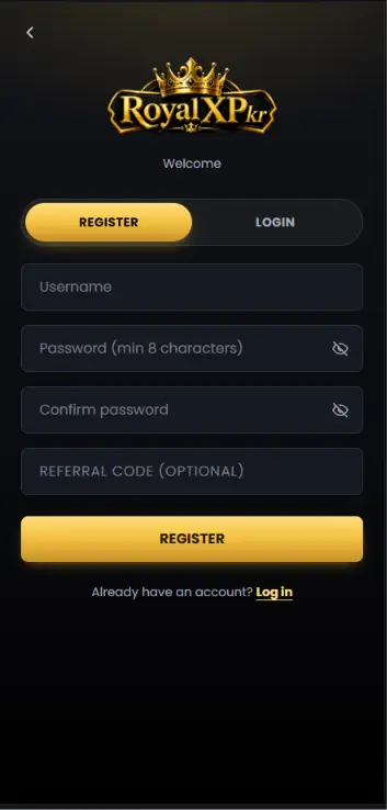 RoyalXPKR APK registration screen
