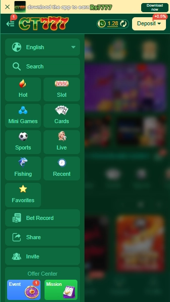 CT777 game categories menu with Slots Mini Games Cards Sports Live and Fishing