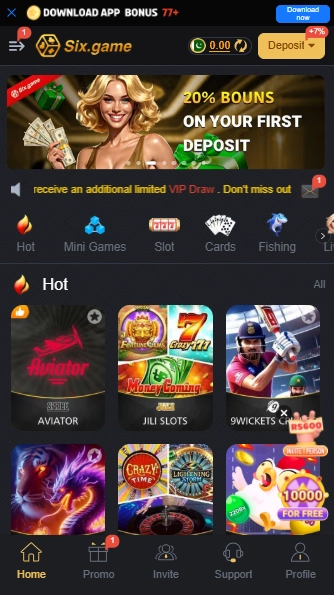 six.game APK Download home screen with Aviator, JILI Slots and 9Wickets