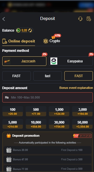 Six Game deposit screen with JazzCash Easypaisa and Crypto payment options