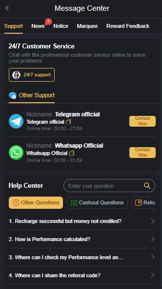 Six Game customer support with Telegram WhatsApp and Help Center