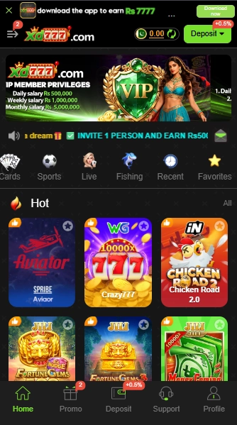 XD777 Game Download home screen with Aviator and Chicken Road 2.0