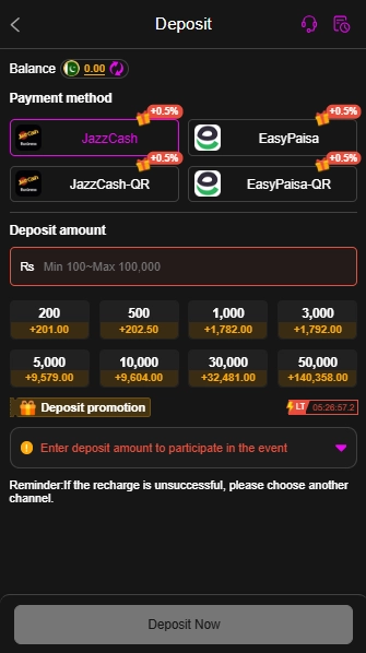 XF777 deposit screen with JazzCash Easypaisa and QR payment options