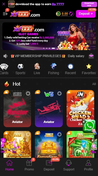 XF777 APK Download home screen with Aviator and Chicken Road 2.0